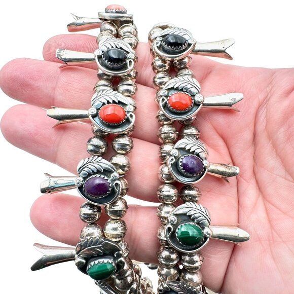 Native American M Haley Sterling Silver Gemstone Squash Blossom Necklace 100 GMS - Picture 14 of 15